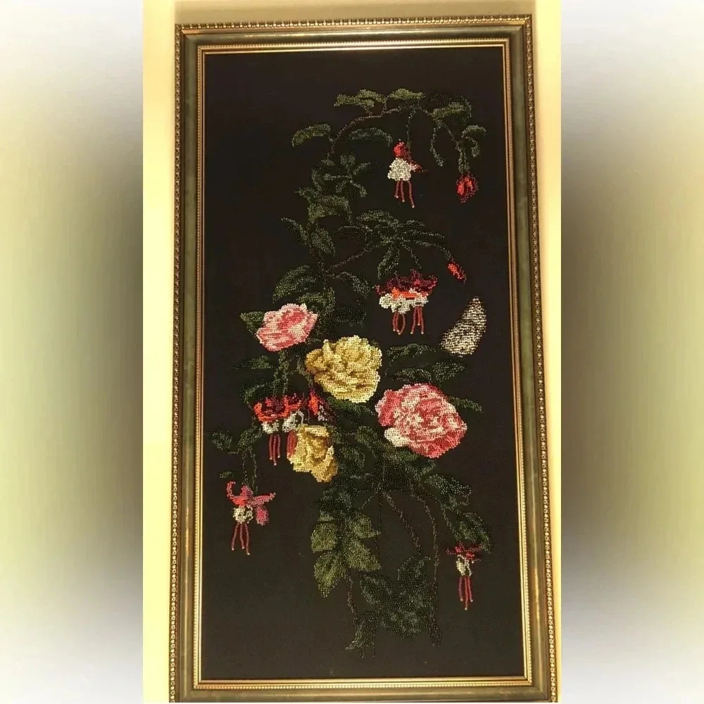 Handmade Beaded Embroidery Art wall Decor Picture Flower Rose Fuchsia 13”x25”